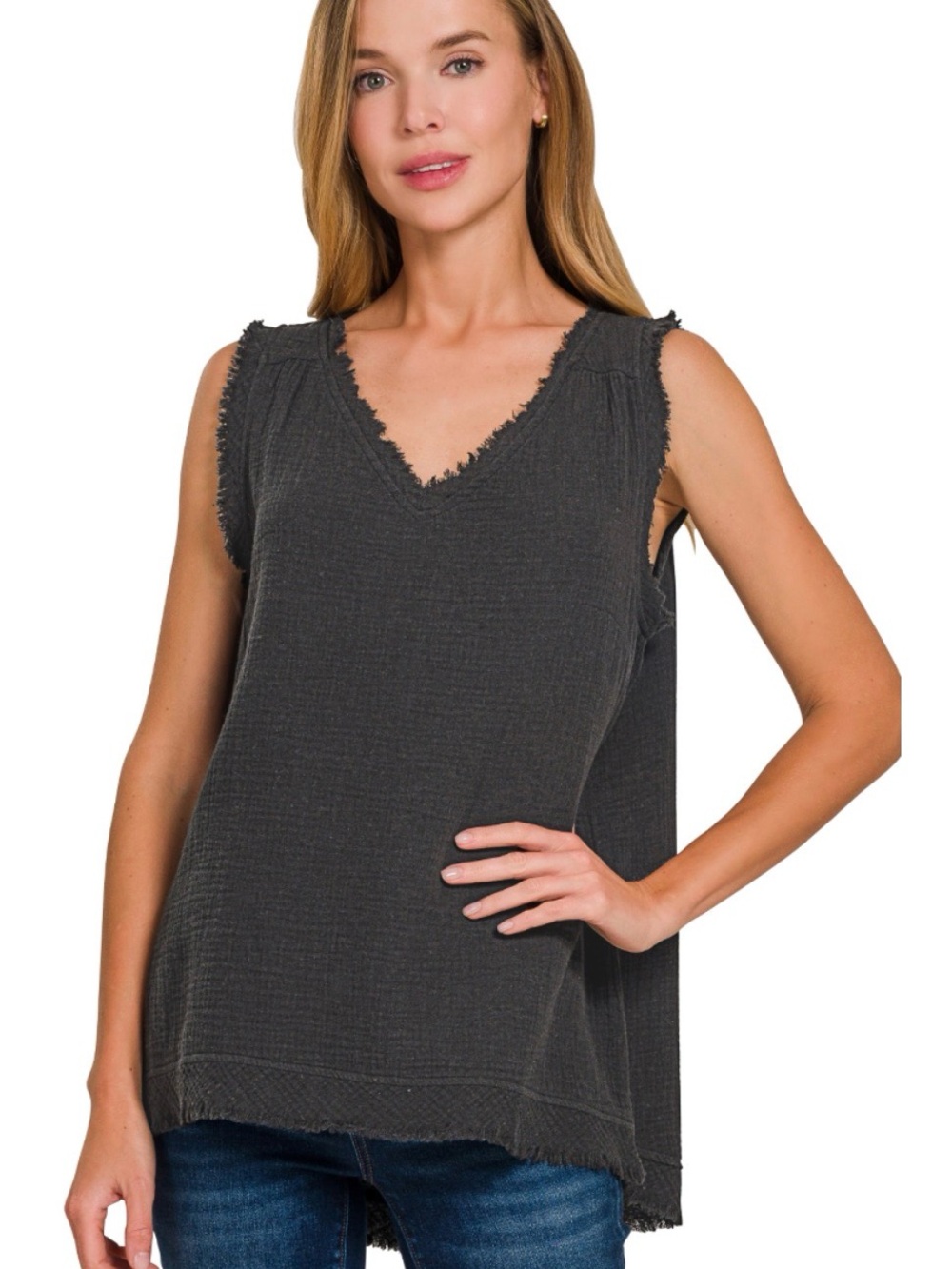 Sleeveless Frayed V-Neck Black Tunic Top